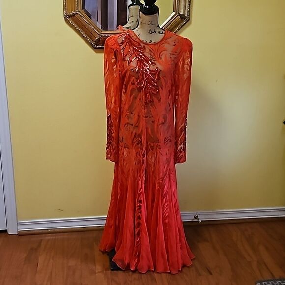 Vintage Sheer Red Lace Maxi Gown size Large - Picture 1 of 12